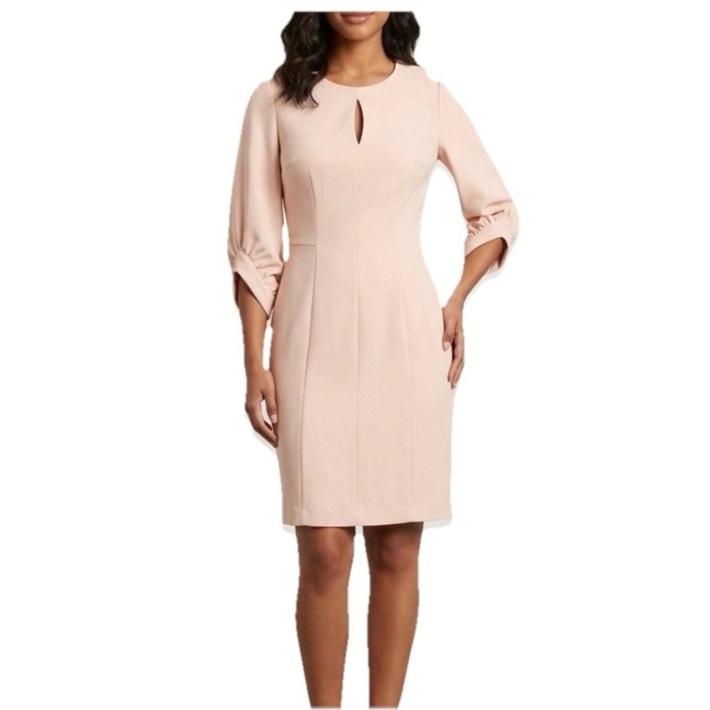 Calvin Klein Blush Pink Keyhole 3/4 Sleeve Stretch Crepe Sheath‎ Dress Size 4